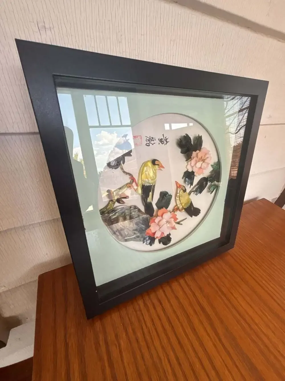 Vintage Chinese Mother of Pearl Shell Art Shadow Box Birds and Flowers Wall